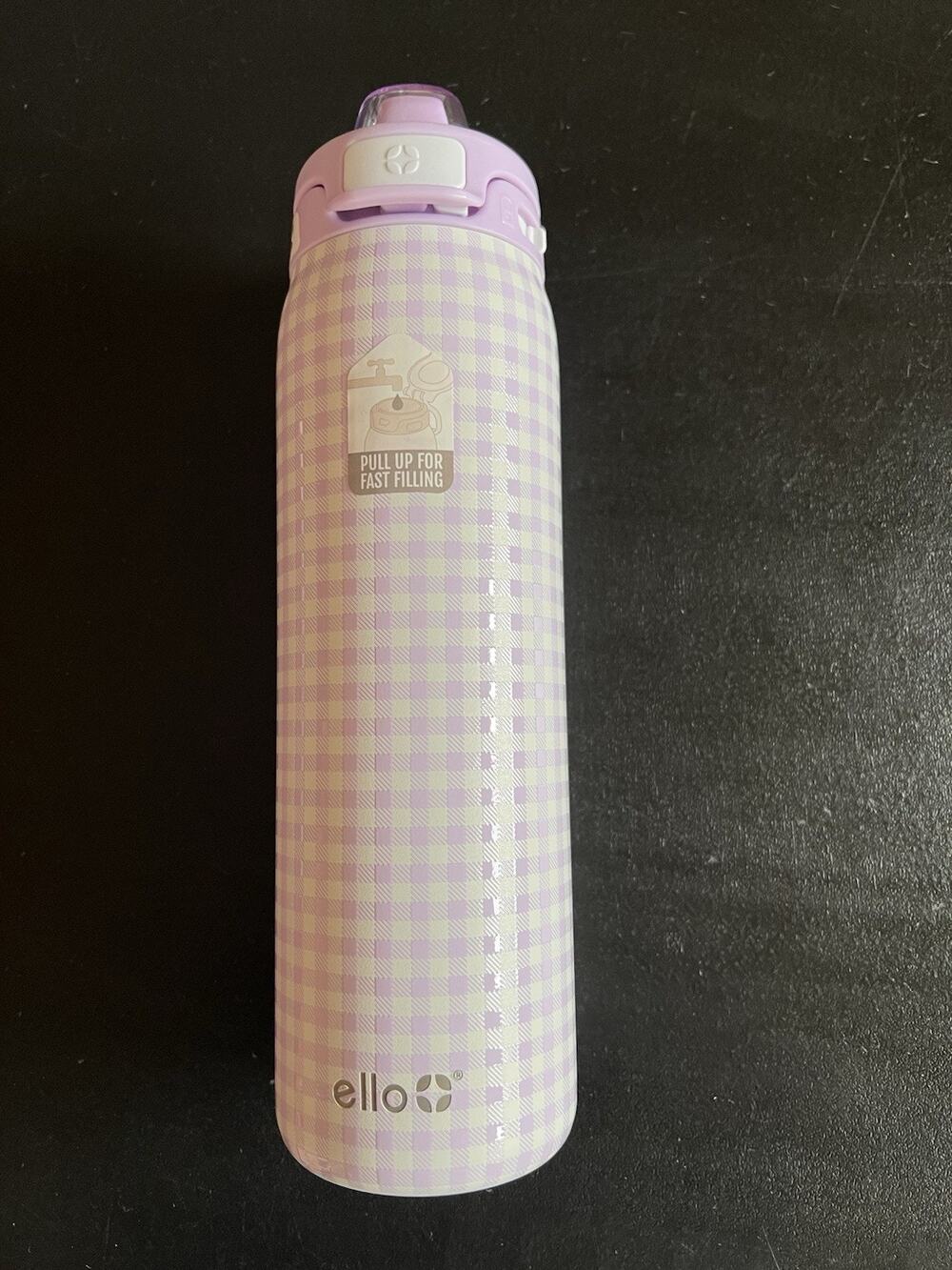 Ello Pop & Fill 22oz Stainless Steel Water Bottle Purple Gingham Cottage Cute